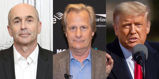 Don Winslow (left) produced a Michigan-centric ad narrated by Jeff Daniels (center) taking aim at President Trump (right).