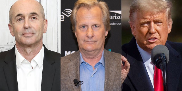 Don Winslow (왼쪽) produced a Michigan-centric ad narrated by Jeff Daniels (센터) taking aim at President Trump (권리).