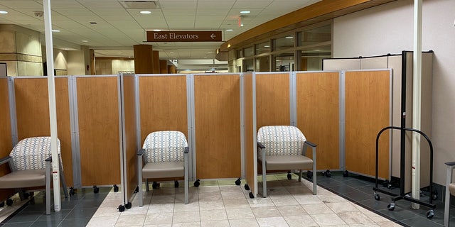 Cabins separate patients in the waiting area. 