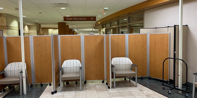 Cabins separate patients in the waiting area. 