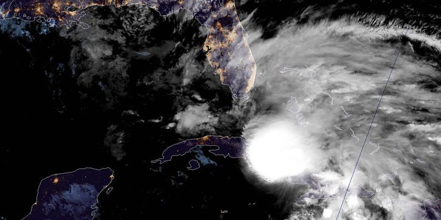 Tropical Storm Eta can be seen over Cuba as the storm moves near southern Florida on November 8, 2020.