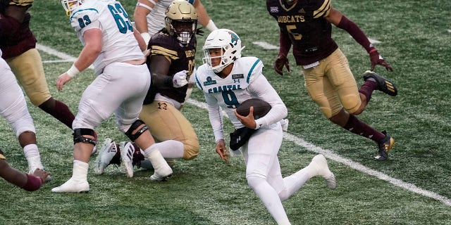 Coastal Carolina's Fred Payton (9) runs against Texas State during the second half of an NCAA college football game in San Marcos, Texas, Saturday, Nov. 28, 2020. (AP Photo/Chuck Burton)