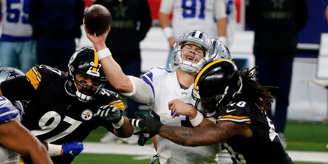 Pittsburgh Steelers' Cameron Heyward (97) and Bud Dupree, right, rush as Dallas Cowboys quarterback Garrett Gilbert (3) attempts to throw a pass in the second half of an NFL football game in Arlington, Texas, Sunday, Nov. 8, 2020. (AP Photo/Michael Ainsworth)