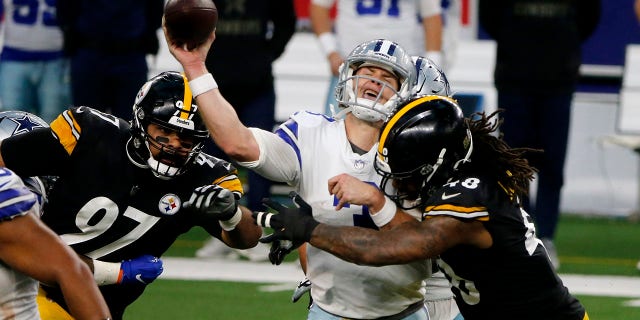 Pittsburgh Steelers' Cameron Heyward (97) and Bud Dupree, right, rush as Dallas Cowboys quarterback Garrett Gilbert (3) attempts to throw a pass in the second half of an NFL football game in Arlington, Texas, Sunday, Nov. 8, 2020. (AP Photo/Michael Ainsworth)
