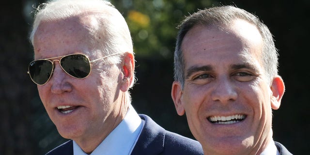 Former Vice President Joe Biden, left, walks with Los Angeles Mayor Eric Garcetti at a campaign event in Los Angeles, Jan. 10, 2020. (Getty Images)