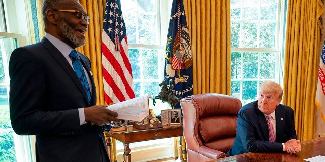 President Trump participates in an Easter Blessing with Bishop Harry Jackson at the White House in Washington, D.C., on April 10, 2020. (Photo by JIM WATSON/AFP via Getty Images)