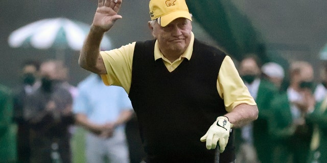 Honorary starter Jack Nicklaus reacts after hitting on the first tee to start the first round of the Masters golf tournament Thursday, Nov. 12, 2020, in Augusta, Ga.