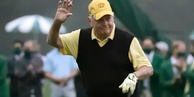 Honorary starter Jack Nicklaus reacts after hitting on the first tee to start the first round of the Masters golf tournament Thursday, Nov. 12, 2020, in Augusta, Ga.