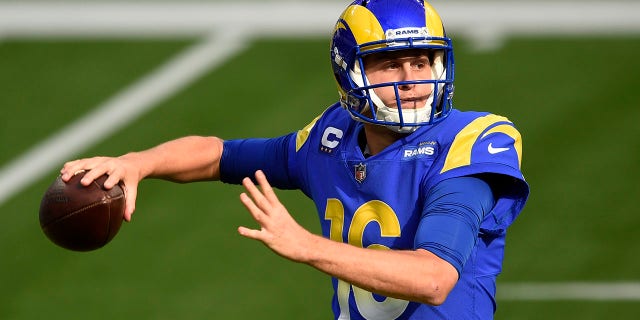 Los Angeles Rams quarterback Jared Goff throws against the San Francisco 49ers during the first half of an NFL football game Sunday, Nov. 29, 2020, in Inglewood, Calif. (AP Photo/Kelvin Kuo)