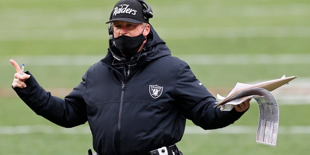 Las Vegas Raiders head coach Jon Gruden reacts during the second half of an NFL football game against the Cleveland Browns, Sunday, Nov. 1, 2020, in Cleveland.