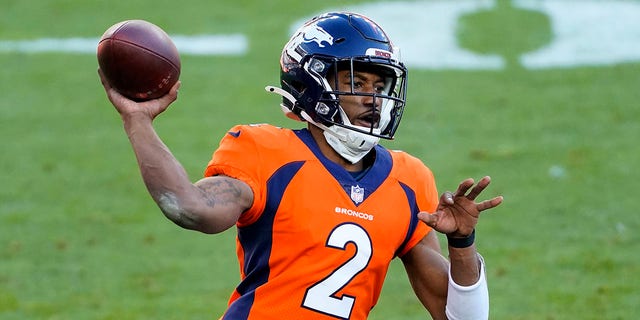 Denver Broncos quarterback Kendall Hinton (2) throws against the New Orleans Saints during the first half of an NFL football game, Sunday, Nov. 29, 2020, in Denver. (AP Photo/Jack Dempsey)