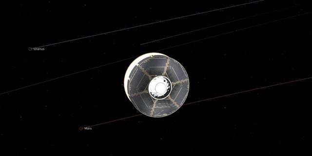 This illustration of Mars 2020 spacecraft in interplanetary space was generated using images of NASA eyes on the solar system.  The image comes from the midpoint of the mission between Earth and Mars.  (NASA / JPL-Caltech)