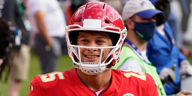 Kansas City Chiefs quarterback Patrick Mahomes smiles during a November 2020 game against the Carolina Panthers.  