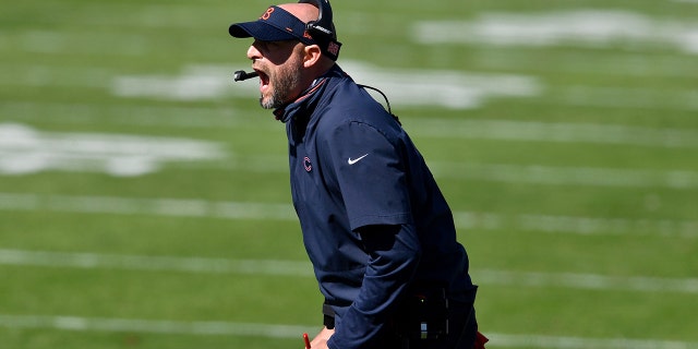 CHARLOTTE, NORTH CAROLINA - OCTOBER 18: Head coach Matt Nagy of the Chicago Bears calls out instructions in the first quarter against the Carolina Panthers at Bank of America Stadium on October 18, 2020 in Charlotte, North Carolina. (Photo by Grant Halverson/Getty Images)