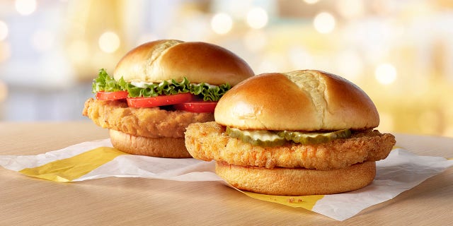 McDonald's chicken sandwiches on display.