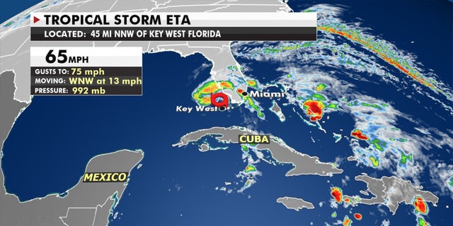 The location of Tropical Storm Eta on Monday morning, Nov. 9, 2020.