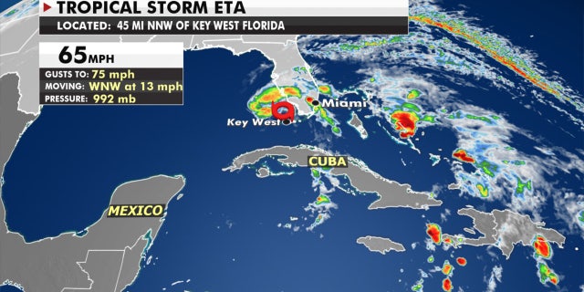 The location of Tropical Storm Eta on Monday morning, Nov. 9, 2020.