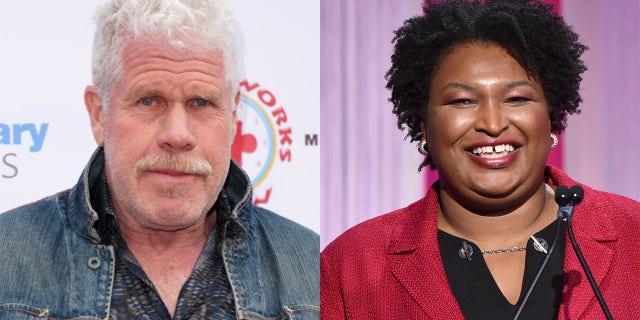 Ron Perlman (left) praised Stacey Abrams (right) for turning Ga., blue this year, reversing his boycott on filming in the state.