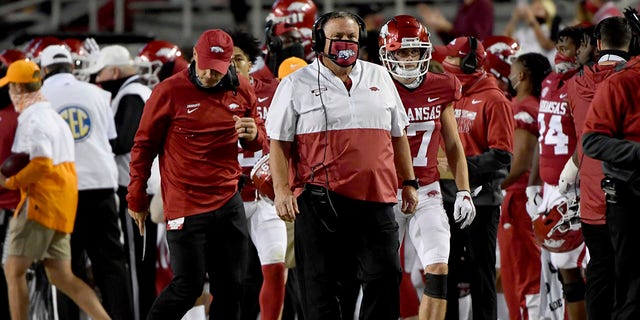 Arkansas coach Sam Pittman walks the sideline during the first half of the team's NCAA college football game against Tennessee on Saturday, Nov. 7, 2020, in Fayetteville, Ark. 