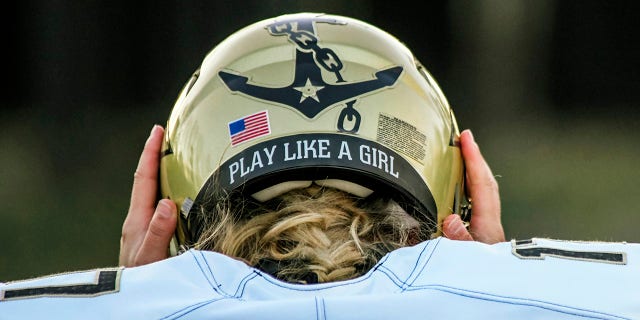 In this image provided by Vanderbilt Athletics, Vanderbilt kicker Sarah Fuller adjusts her helmet during NCAA college football practice Wednesday, November 25, 2020 in Nashville, Tennessee (Vanderbilt Athletics via AP)