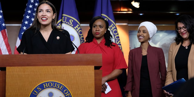 U.S. Rep. Alexandria Ocasio-Cortez (D-NY) speaks as Reps. Ayanna Pressley (D-MA), Ilhan Omar (D-MN) and Rashida Tlaib (D-MI) listen during a press conference at the U.S. Capitol on July 15, 2019, in Washington, D.C. (Alex Wroblewski/Getty Images)