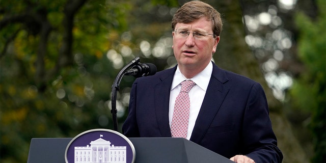 Mississippi Gov.  Tate Reeves, speaks during an event with President Donald Trump about coronavirus testing in the Rose Garden of the White House, Monday, Sept. 28, 2020, in Washington.