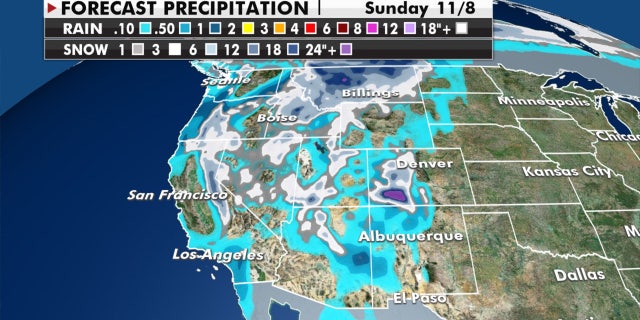 Expected precipitation from the next storm system that will impact the West.