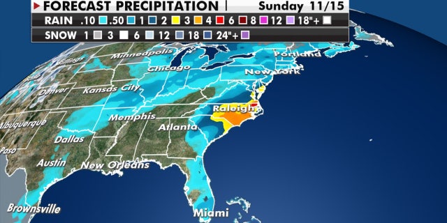 The heaviest precipitation is expected across North Carolina into the Mid-Atlantic.