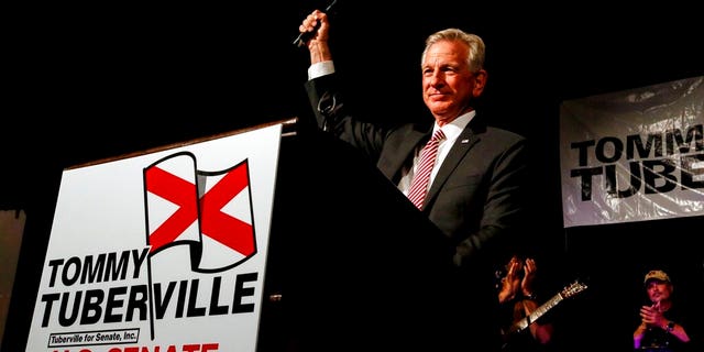 Former Auburn coach Tommy Tuberville speaks to supporters in Montgomery, Ala., after he defeated former Attorney General Jeff Sessions in a runoff election. (Associated Press)