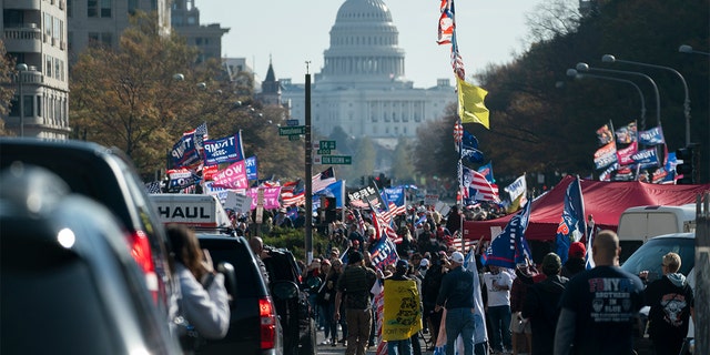 A motorcade carrying President Donald Trump drives by a group of supporters participating in a rally near the White House, Saturday, Nov. 14, 2020, in Washington. (AP Photo/Evan Vucci)