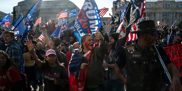 Supporters of President Donald Trump cheer as his motorcade drives past a rally of supporters near the White House, Saturday, Nov. 14, 2020, in Washington. (AP Photo/Evan Vucci)