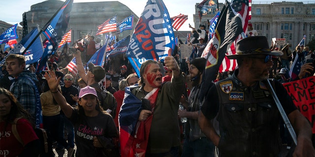 Supporters of President Donald Trump cheer as his motorcade drives past a rally of supporters near the White House, Saturday, Nov. 14, 2020, in Washington. (AP Photo/Evan Vucci)