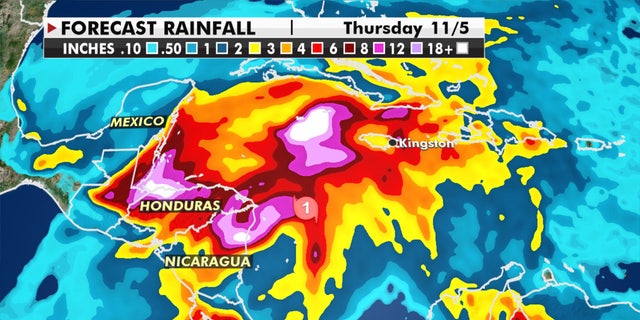 Forecast rainfall amounts from Hurricane Eta.