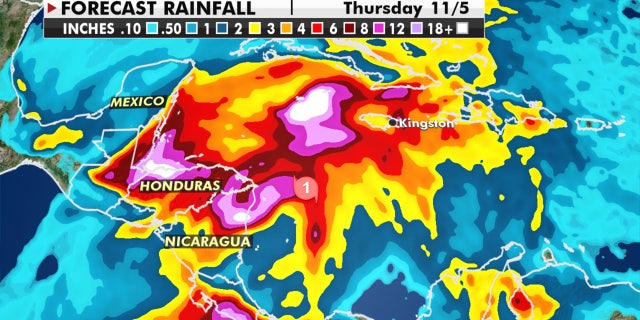 Forecast rainfall amounts from Hurricane Eta.