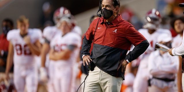 Head Coach Nick Saban of the Alabama Crimson Tide watches a play from the sideline against the Tennessee Volunteers at Neyland Stadium on October 24, 2020 in Knoxville, Tennessee. (Photo by Kent Gidley/Collegiate Images/Getty Images)