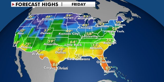 Forecast high temperatures for the end of the week. Temperatures will fall as a cold front moves eastward.