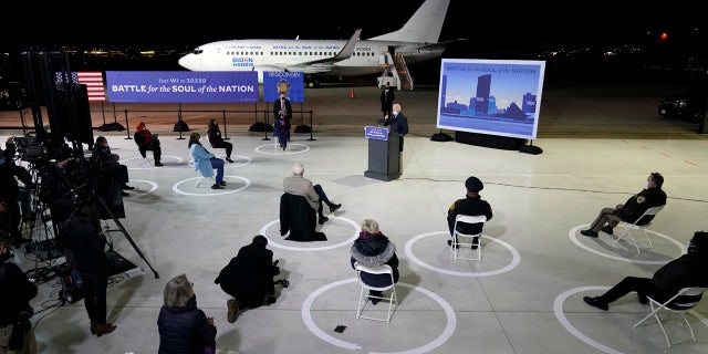 Democratic presidential candidate former Vice President Joe Biden speaks at a hangar at General Mitchell International Airport, Friday, Oct. 30, 2020, in Milwaukee.