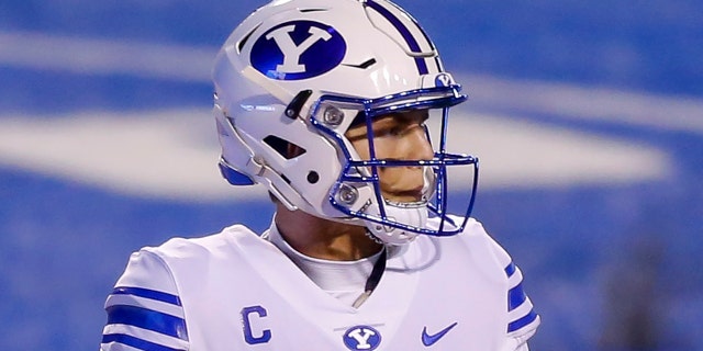 BYU quarterback Zach Wilson (1) looks for a receiver during the first half of the team's NCAA college football game against Boise State on Friday, Nov.. 6, 2020, in Boise, Idaho. (AP Photo/Steve Conner)