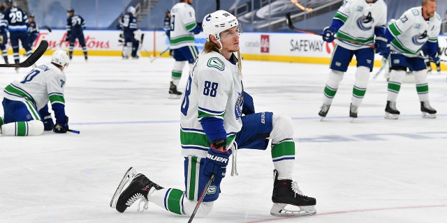 Adam Gaudette might want to retire his dancing career. (Photo by Andy Devlin/NHLI via Getty Images)
