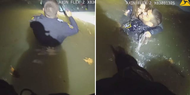 An officer used a tomahawk to break a rear window and pull the woman to safety.