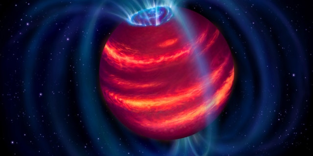 Artist's impression of the discovery called Elegast.  The blue loops depict the magnetic field lines.  (ASTRON / Danielle Futselaar)