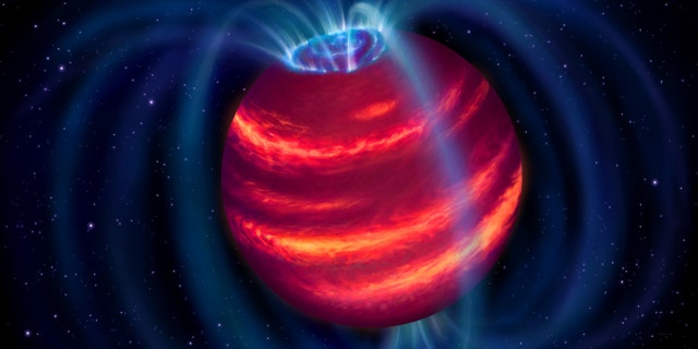 Artist's impression of the discovery called Elegast.  The blue loops represent the magnetic field lines.  (ASTRON / Danielle Futselaar)