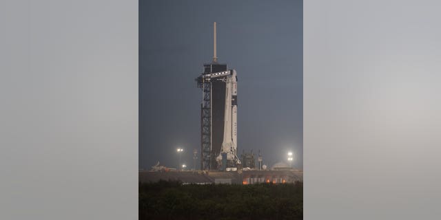 Un cohete SpaceX Falcon 9 con la nave espacial Crew Dragon de la compañía se encuentra en la plataforma de lanzamiento en el Complejo de Lanzamiento 39A en el Centro Espacial Kennedy de la NASA en Florida el martes 10 de noviembre, después de ser desplegado durante la noche.  (Crédito: NASA / Joel Kowsky)