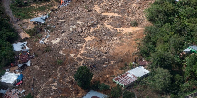 Aerial image of a massive rainstorm caused by rain in the village of Queja, in Guatemala, Saturday, November 7, 2020, after Tropical Storm Eta.