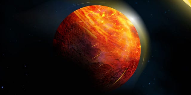 Artist's impression of the lava planet K2-141b.  At the center of the great illuminated region is an ocean of molten rock dominated by an atmosphere of rock vapor.  Supersonic winds blow towards the icy, airless night side, condensing into rain of rock and snow, slowly flowing into the warmest region of the magma ocean.