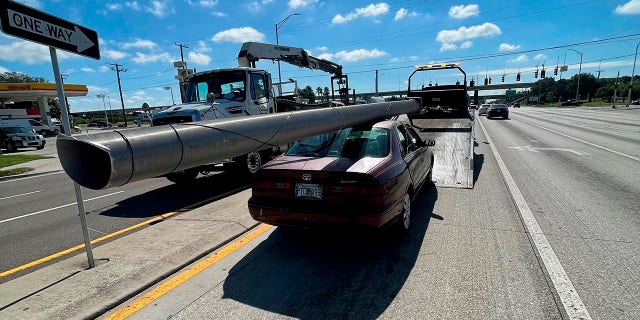 Hatley told troopers that he had found the pole on the ground by the side of the highway and had planned to sell the metal for scrap, according to the report. (Florida Highway Patrol via AP)