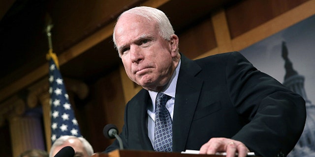 Sen.  John McCain (R-AZ) speaks during a press conference at the US Capitol on Feb. 5, 2015, in Washington, DC 