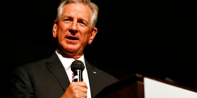 In this July 14 photo, Republican U.S. Senate candidate and former Auburn football coach Tommy Tuberville speaks at a campaign event in Montgomery, Ala. (AP Photo / Butch Dill, file)