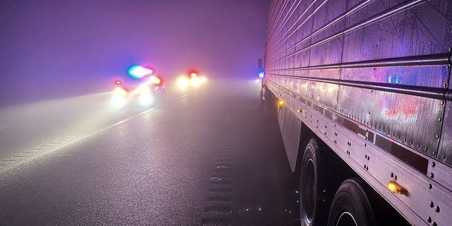 Foggy conditions are seen along Highway 99 in Butte County, Calif., After a crash involving multiple vehicles early Saturday.  (California Highway Patrol-Oroville)