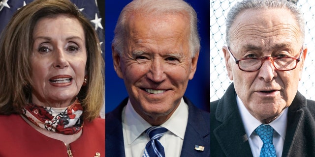 House Speaker Nancy Pelosi, President Biden and Senate Majority Leader Chuck Schumer
